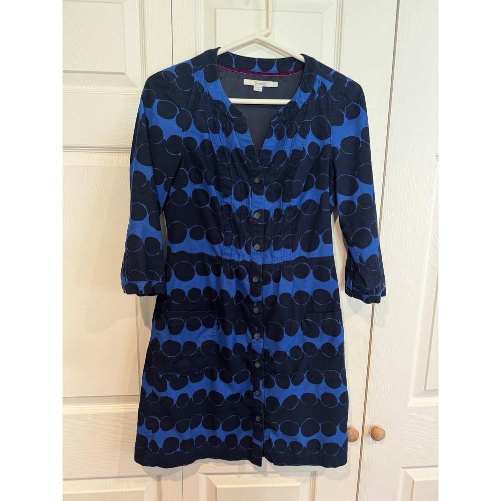 Anthro Boden Womens Blue Button Front Pockets Polka Dot Corduroy Dress